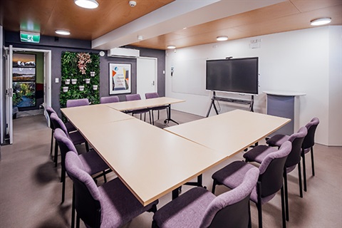 The Mahi Space Conference Room - Chairs in a U-Shape layout around a large screen.