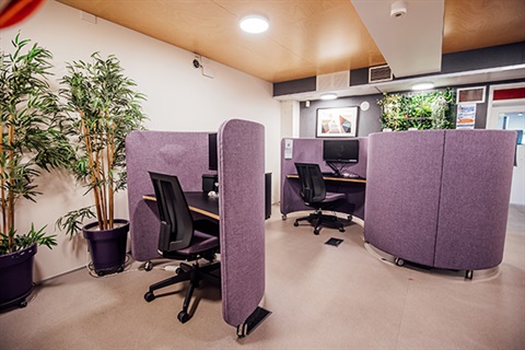 The Mahi Space - the puple hot desk pods.