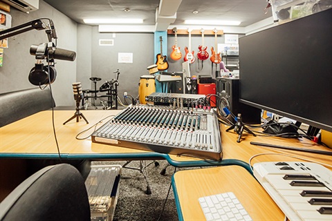 The Studio - Sound board and audio recording and editing computer, Microphone.
