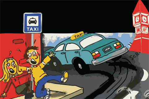Taxi Tales illustration of a taxi swerving round a corner.