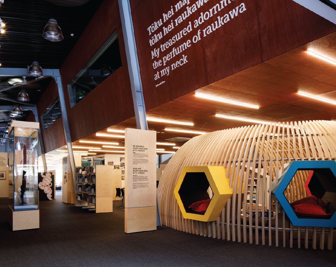 Inside Te Awahou Nieuwe Stroom childrens library section.